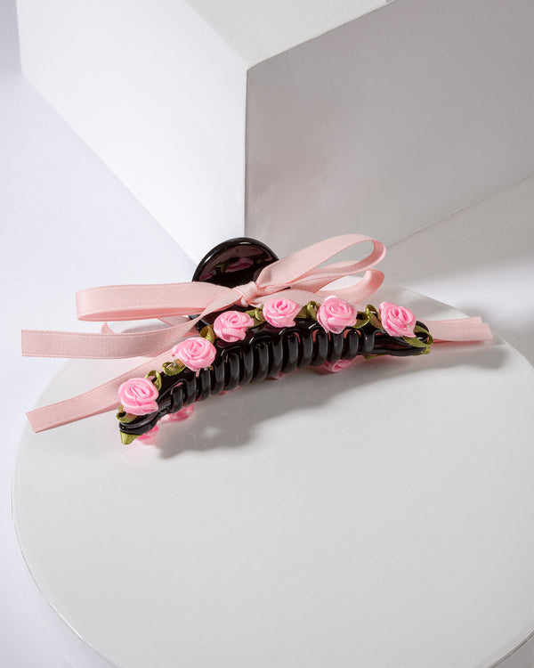 Pink Rosette And Bow Detail Claw Clip