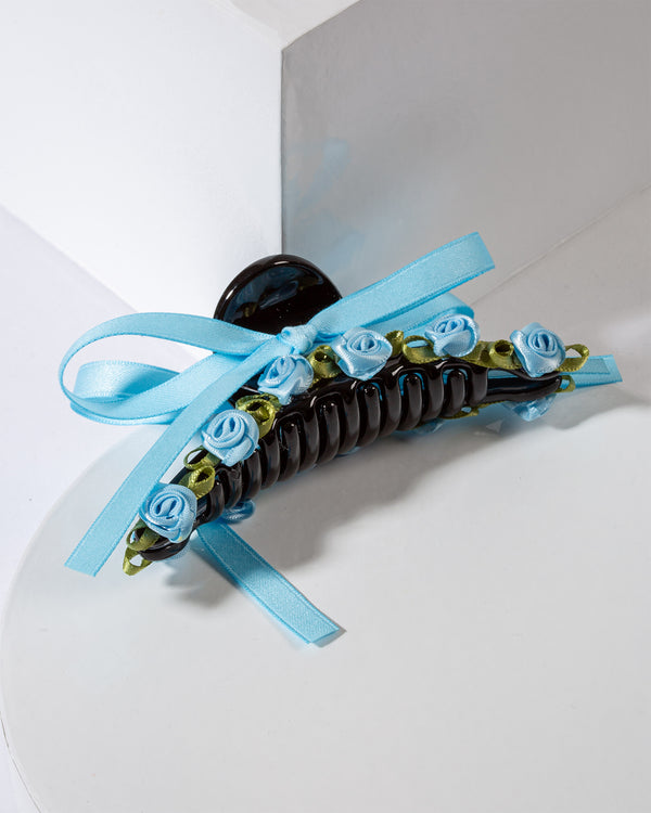 Blue Rosette And Bow Detail Claw Clip