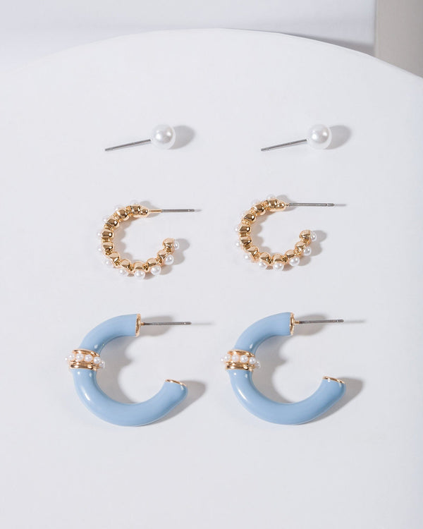 Colette by Colette Hayman Blue 3 Pack Pearl Detail Hoop Earrings