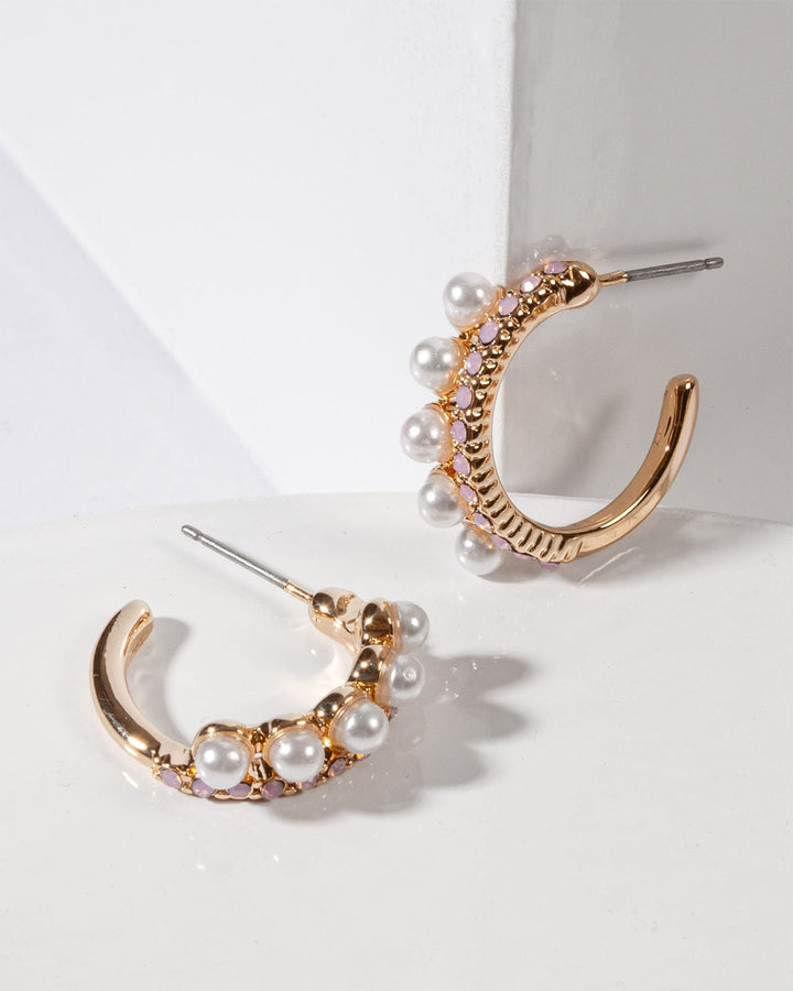 Colette by Colette Hayman Double Row Crystal And Pearl Hoop Eearrings