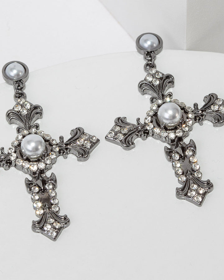 Colette by Colette Hayman Grey Pearl Cross Earrings