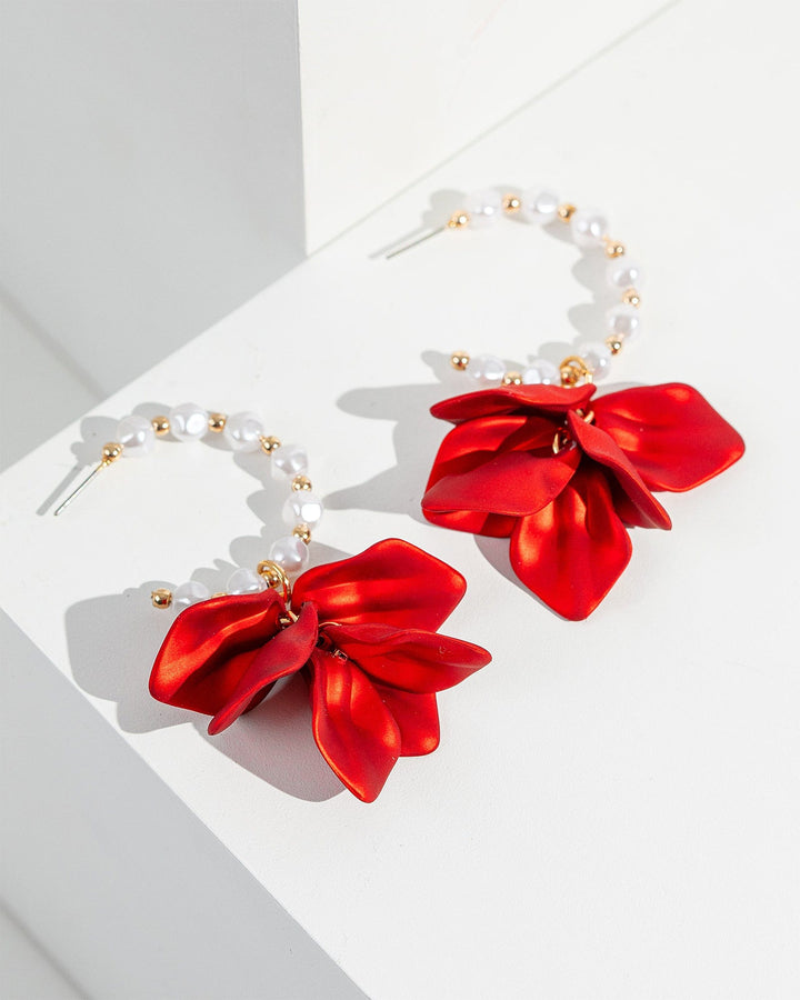 Colette by Colette Hayman Red Pearl Flower Hoop Earrings