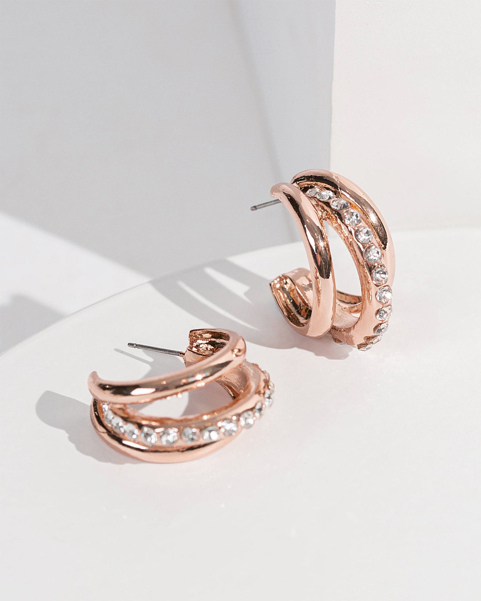 Rose Gold Triple Diamond Hoop Earrings – colette by colette hayman