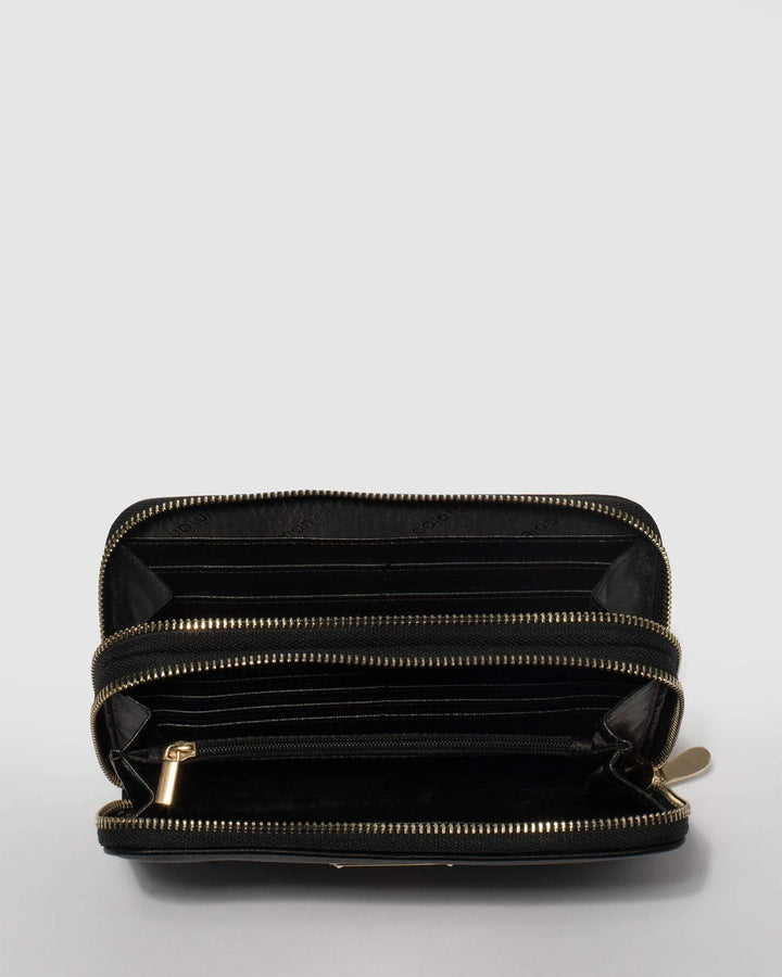 Black Double Zip Around Wallet With Gold Hardware | Wallets