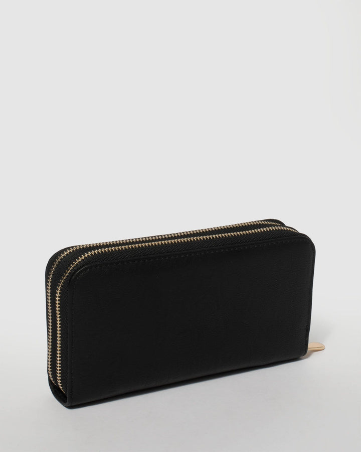 Black Double Zip Around Wallet With Gold Hardware | Wallets