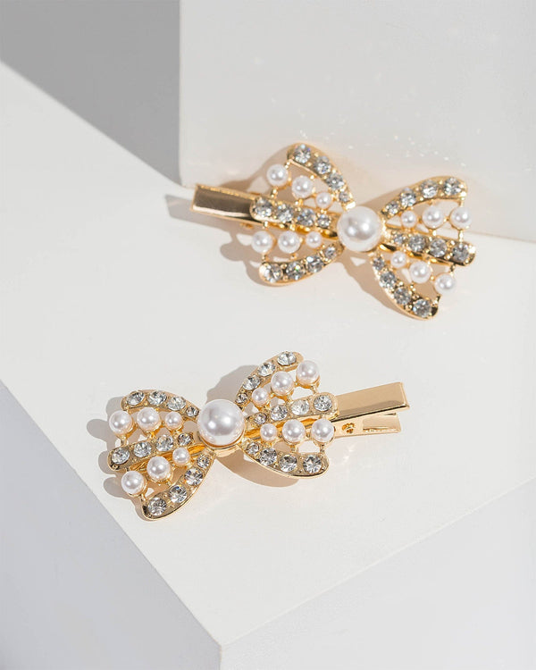 Colette by Colette Hayman Gold 2 Pack Pearl And Crystal Bow Hair Slides