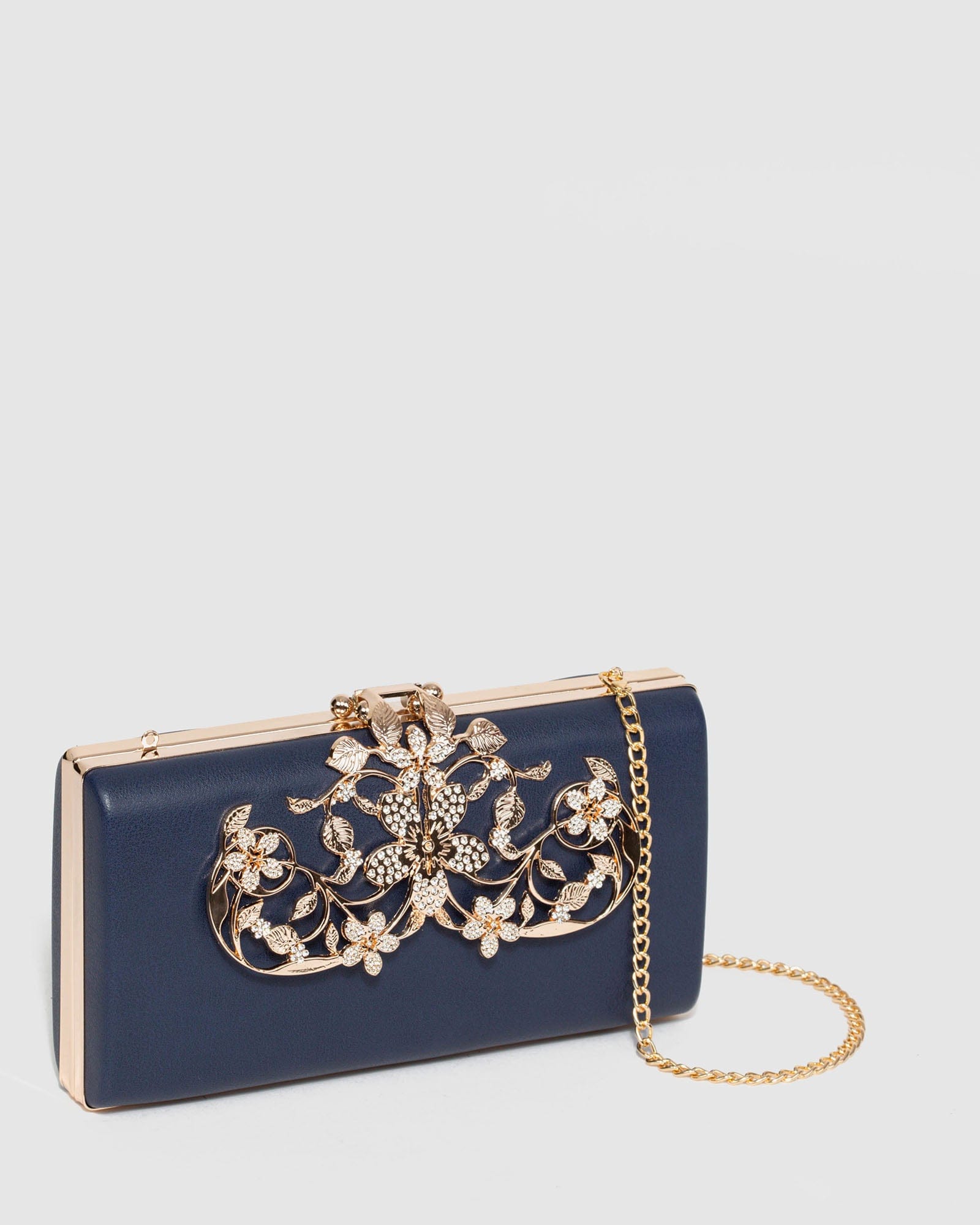 Navy gold outlet clutch bag