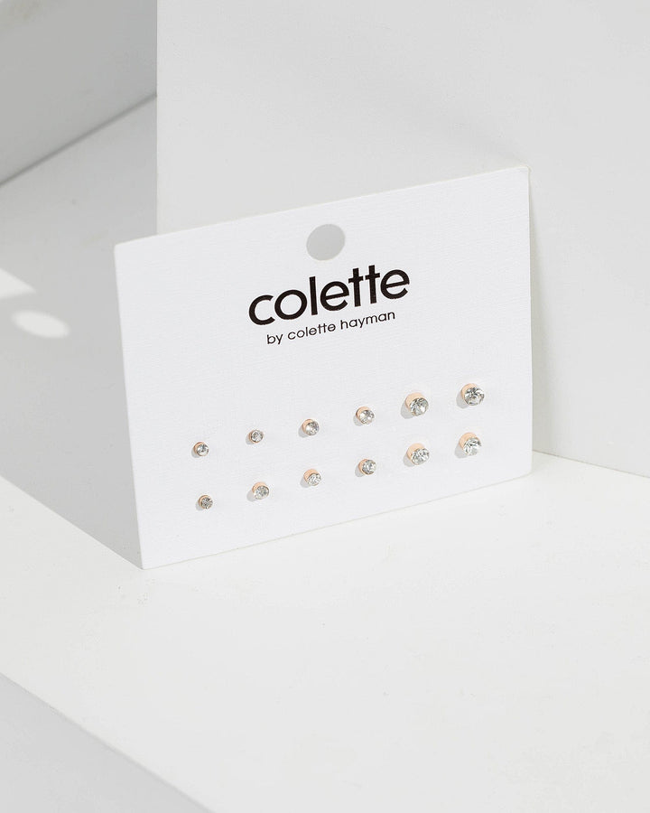 Rose Gold 6 Pack Small Crystal Stud Earrings | Earrings