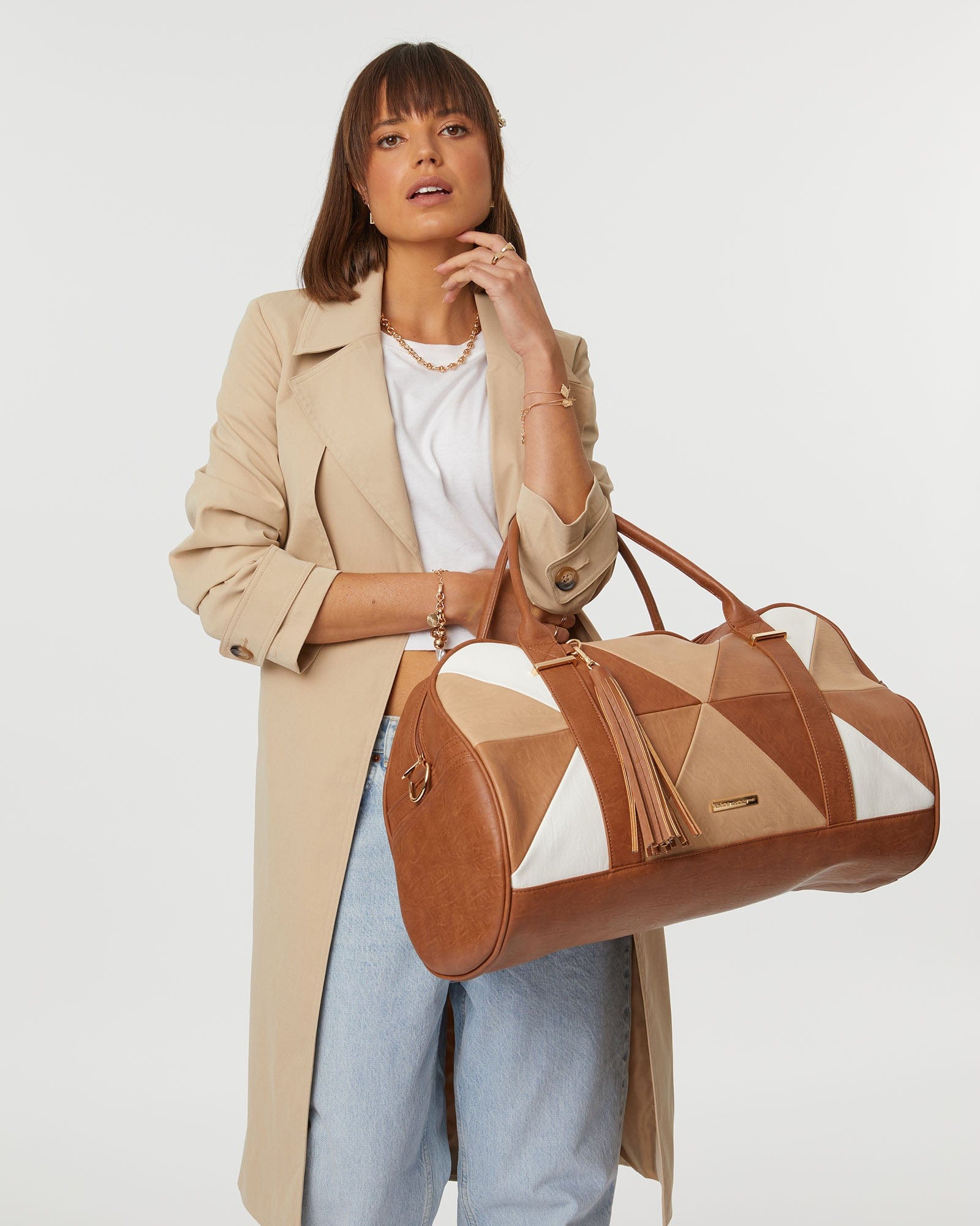 Tan Smooth Indie Weekender Bag With Gold Hardware